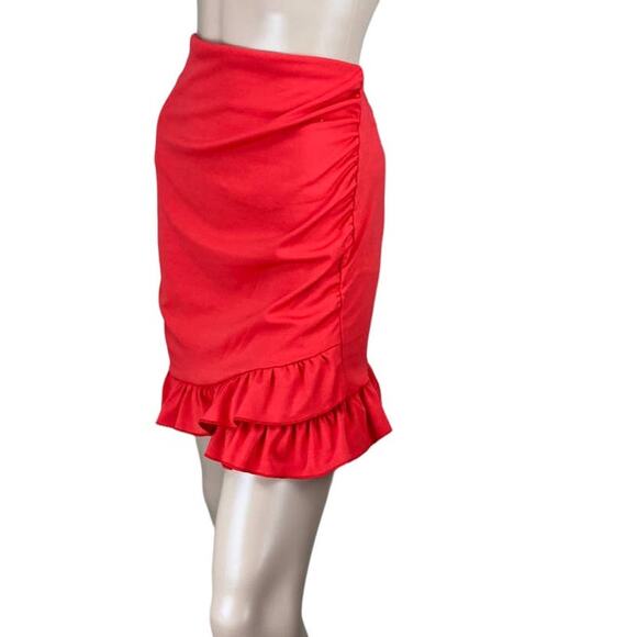 New Women's Red Ruffled Ruched Asymmetrical Hem Stretch Bodycon Mini Skirt M - Picture 3 of 5